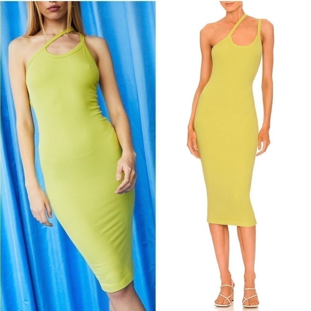 New Alix NYC Paulis Midi Tank Dress Kiwi Lime Green Neon Stretch Rib Knit Sz S
